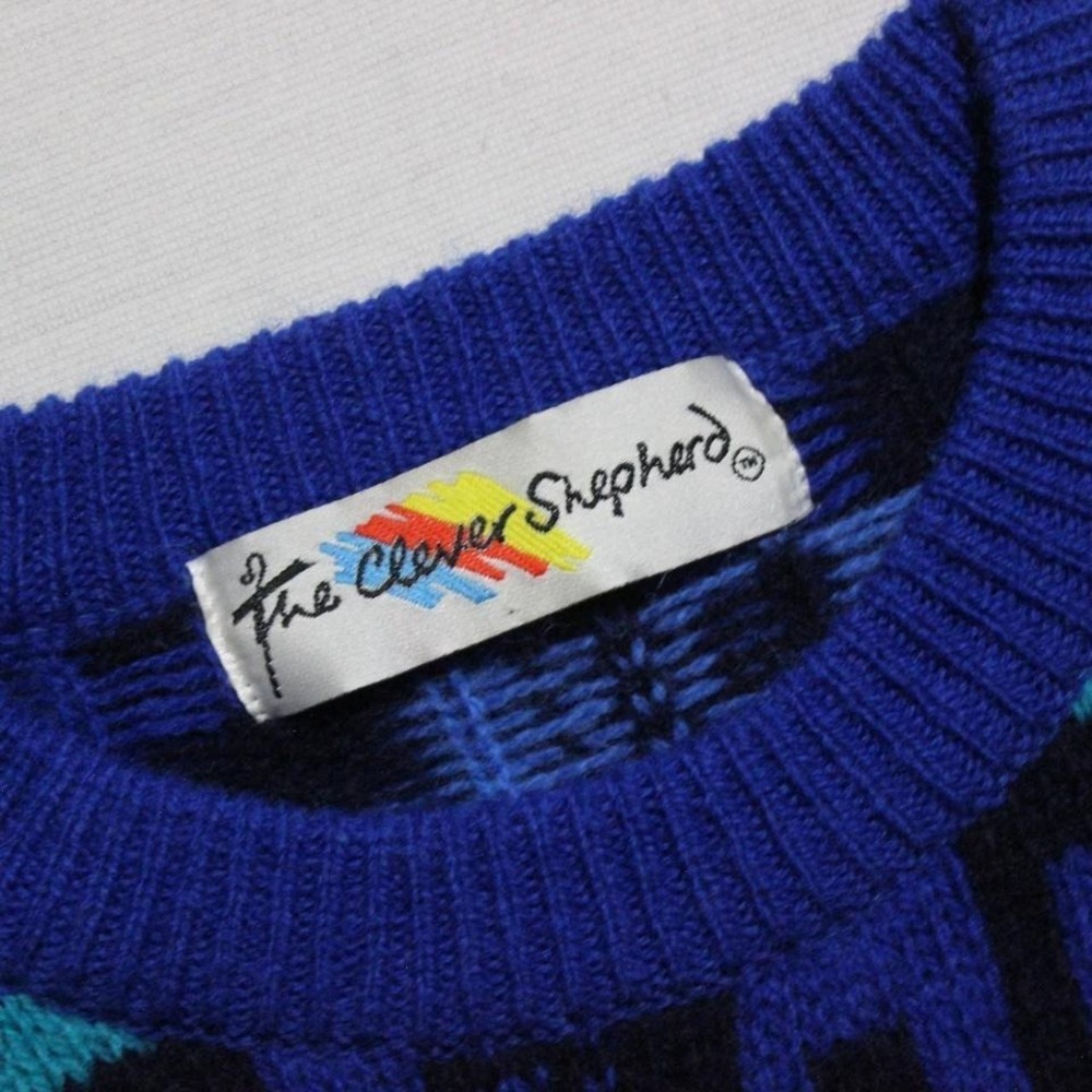 Mens Vintage 90s Abstract Blue Checkered Pattern Grandpa Sweater - Picture 4 of 8